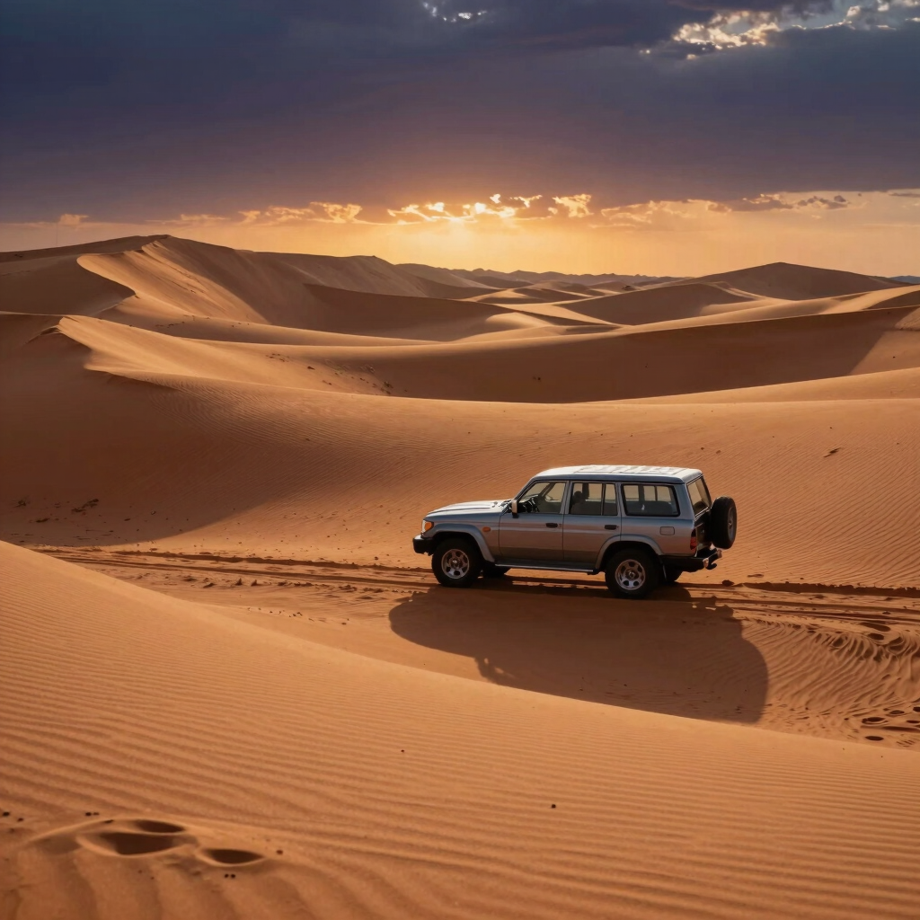 A sleek private 4x4 vehicle parked near the edge of massive golden sand dunes of Erg Chebbi during a dramatic sunset, warm terracotta tones, long shadows.