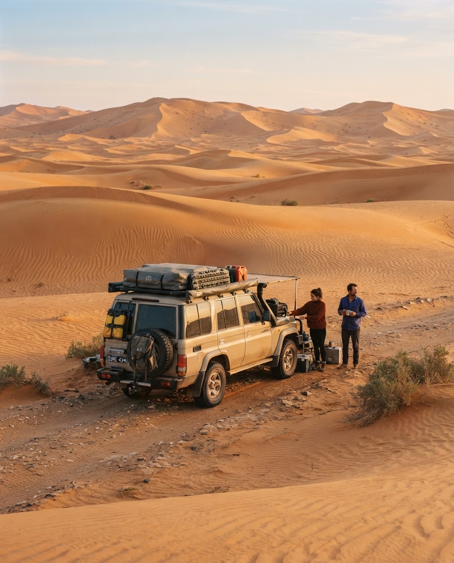 Warm editorial travel photography of a private 4x4 parked near sweeping golden sand dunes at early morning light, 35mm.