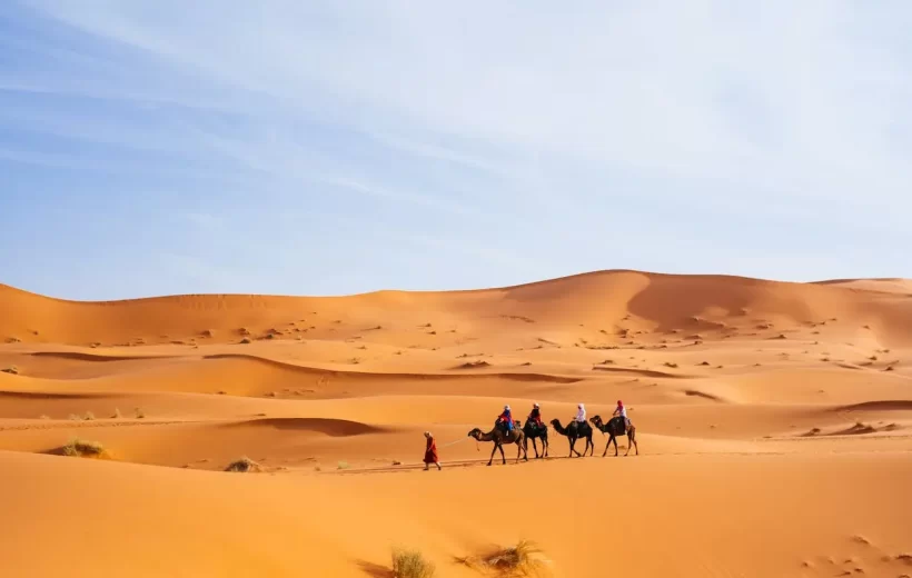 people ride camel in desert tour